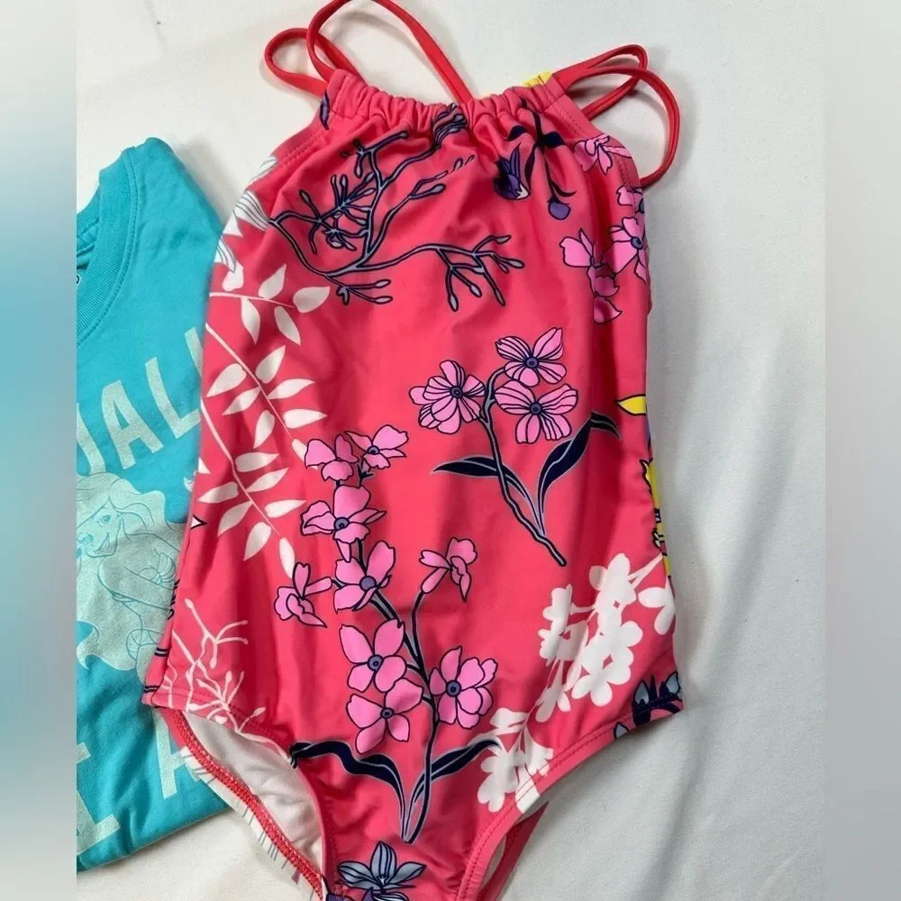 NWT KANU SURF Girls Pink Floral One Piece Swimsuit & Disney Mermaid Tee- Size 6X